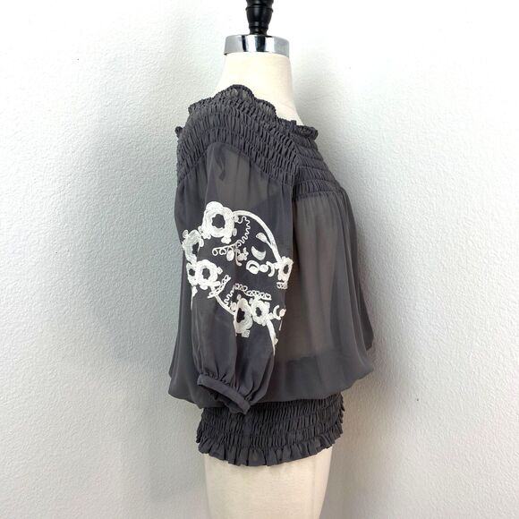 Twelve By Twelve Gray Sheer Embroidered Blouse XS Boho Fairy Whimsy Goth Peasant - Picture 8 of 10
